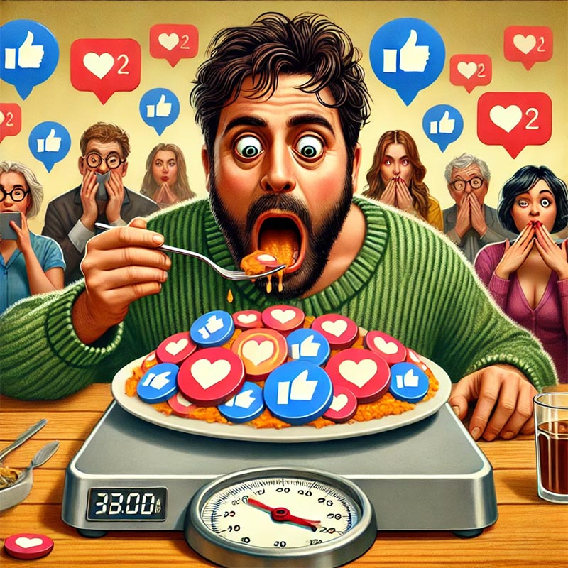 a man eating food on a scale with people watching fome de aprovação
marketing de influência
